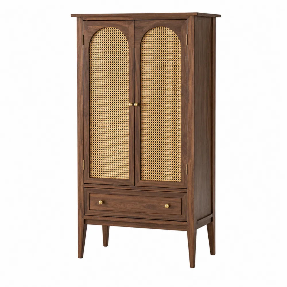 Armadio in legno con ante in rattan intrecciato, 180x90x40 cm