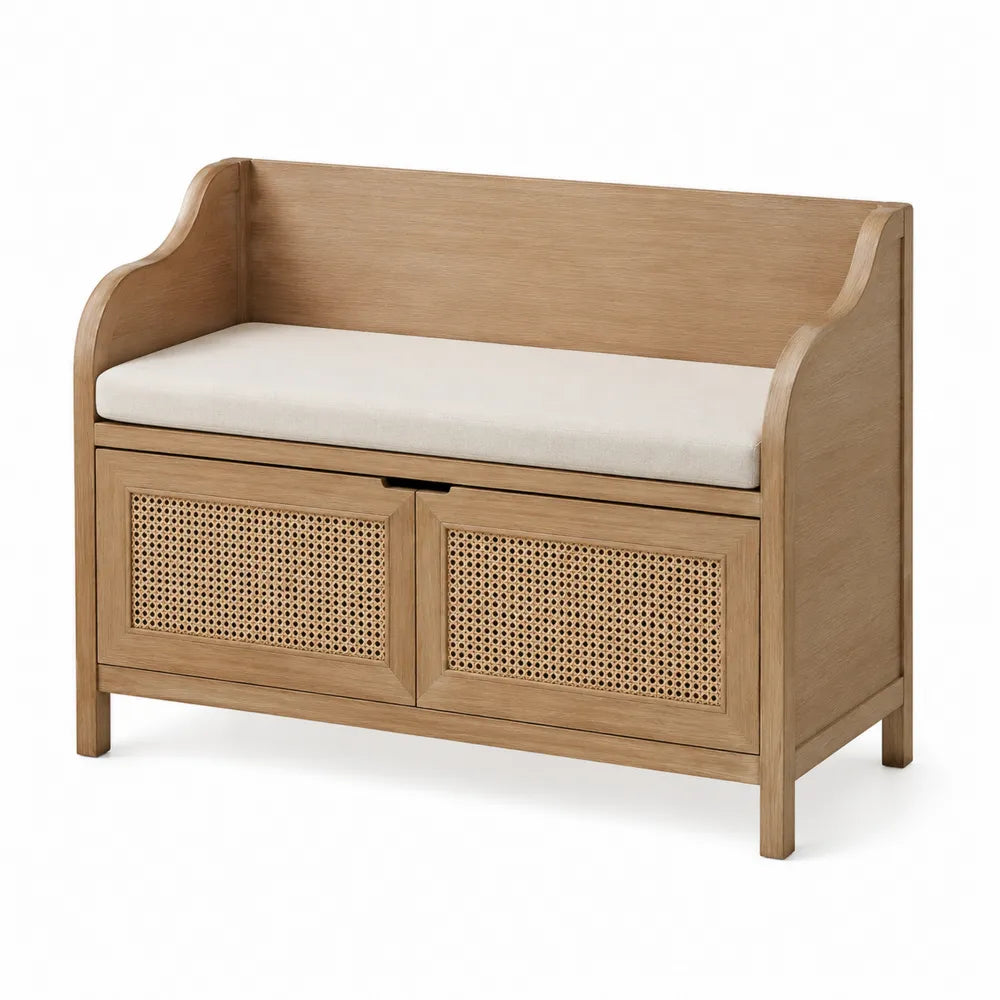 Panca contenitore in legno e rattan con seduta in tessuto crema