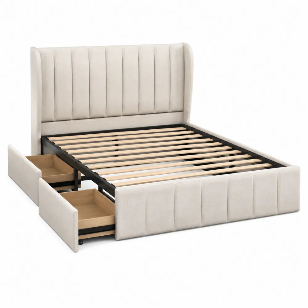 Letto in tessuto crema con contenitore e cassetti