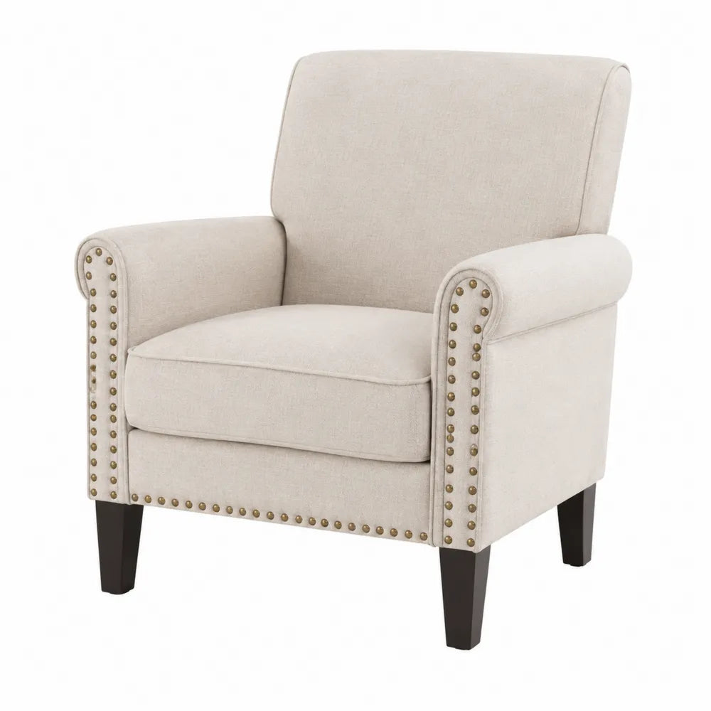 Poltrona in tessuto beige con gambe in legno