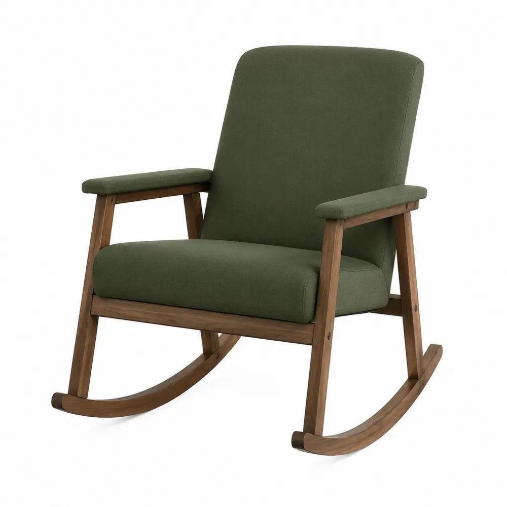 Sedia a dondolo in tessuto verde con struttura in legno