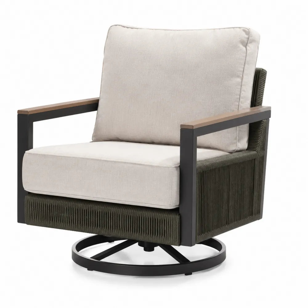 Poltrona Girevole da Esterno con Cuscini in Tessuto Beige e Struttura in Alluminio