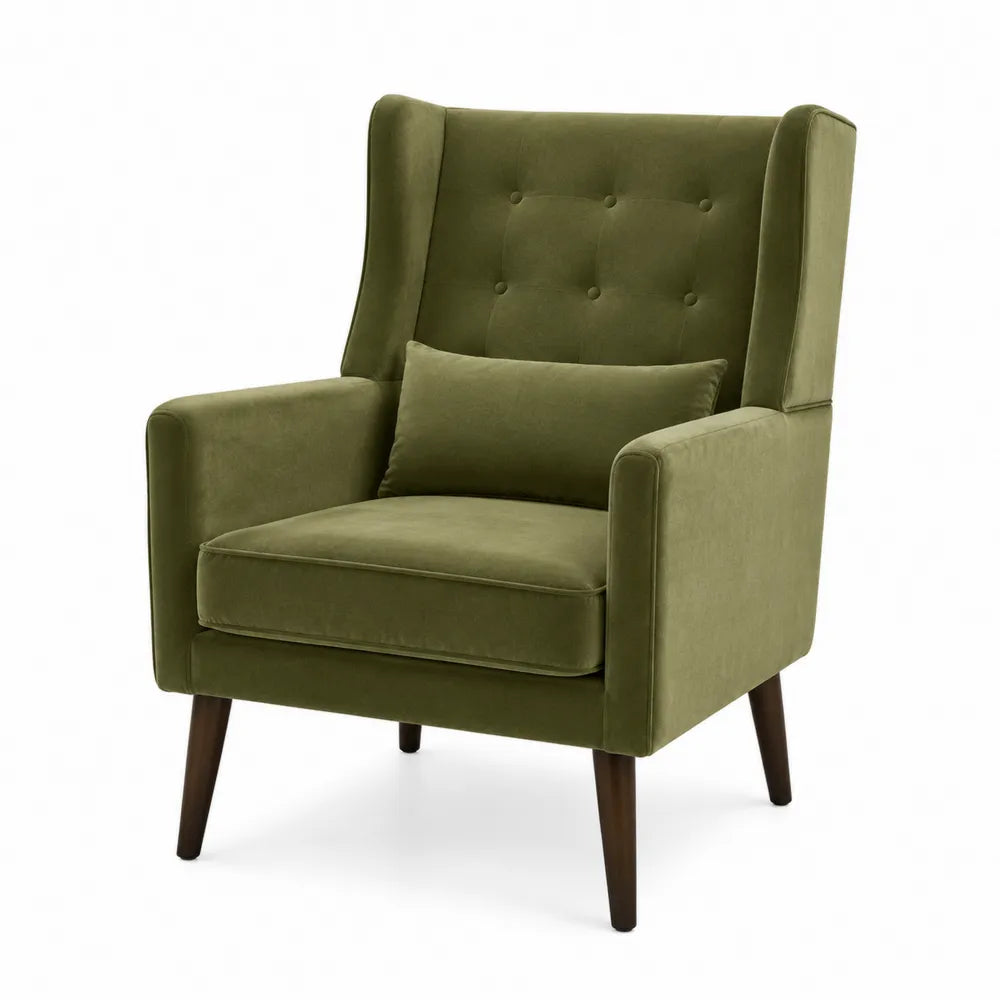 Poltrona in velluto con gambe in legno verde