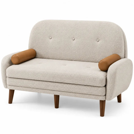 Divano a 2 Posti in Tessuto Bouclé Beige con Cuscini in Similpelle Marrone e Gambe in Legno