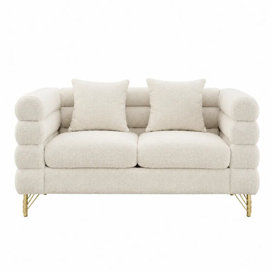 Divano due posti in tessuto bouclé beige con gambe in metallo dorato