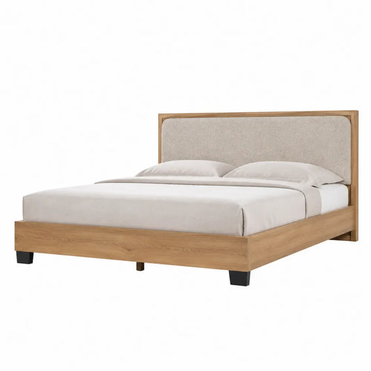 Letto matrimoniale in legno con testiera in tessuto beige 200x160 cm