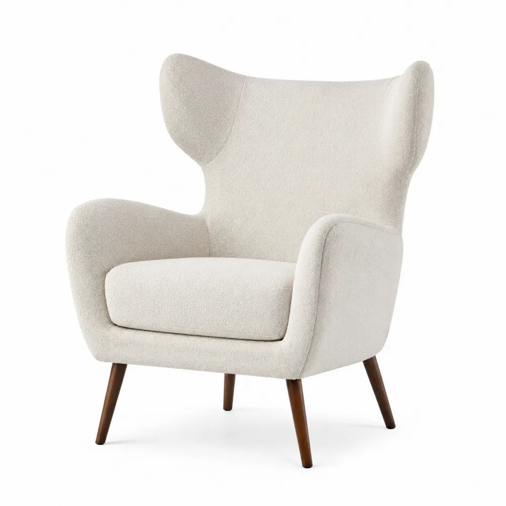 Poltrona in tessuto poliestere crema con gambe in legno