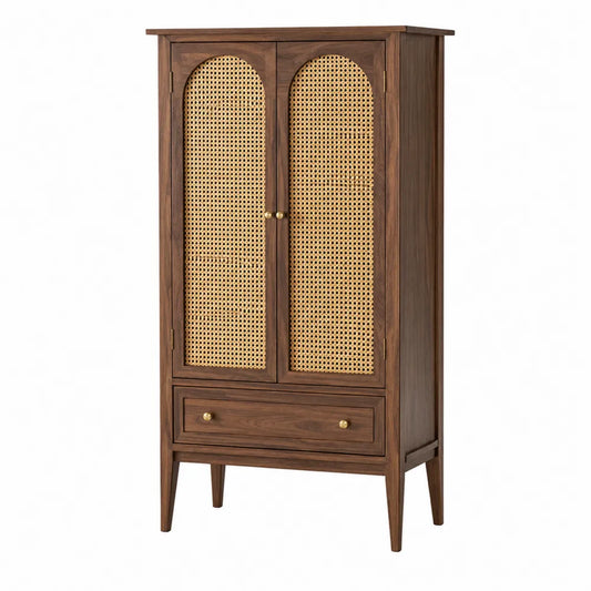 Armadio in legno con ante in rattan intrecciato, 180x90x40 cm