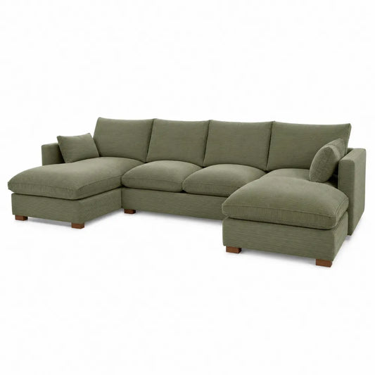 Divano ad angolo in tessuto verde con chaise longue