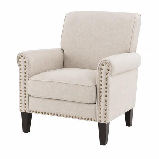 Poltrona in tessuto beige con gambe in legno
