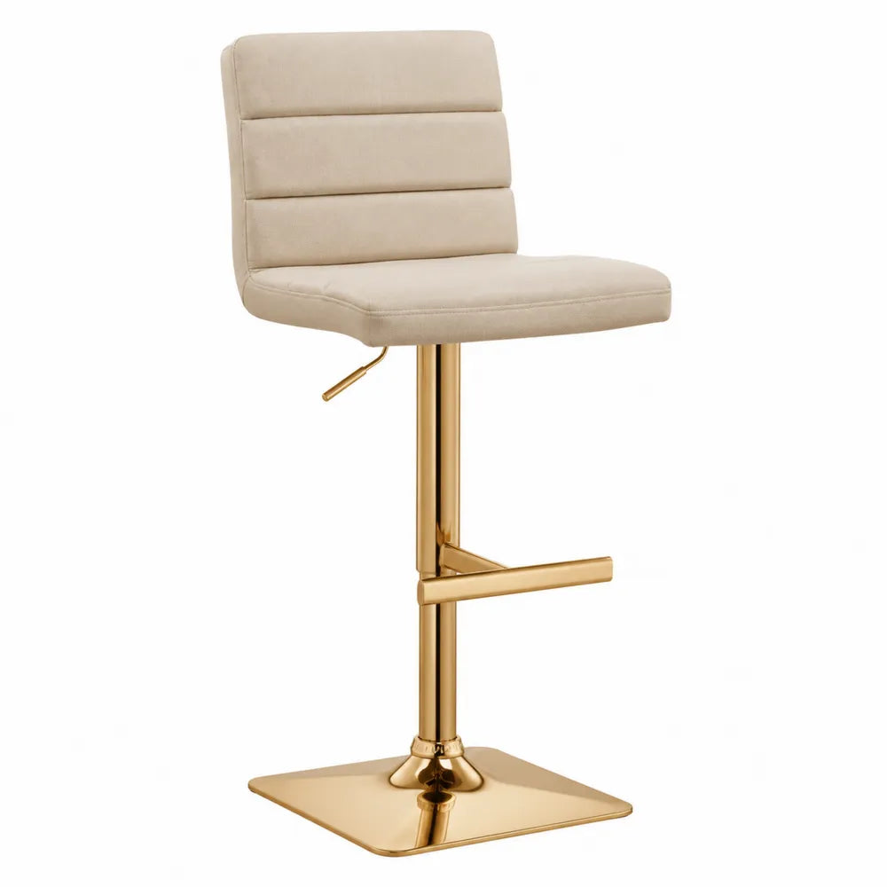 Sgabello da bar in tessuto beige con base in metallo oro