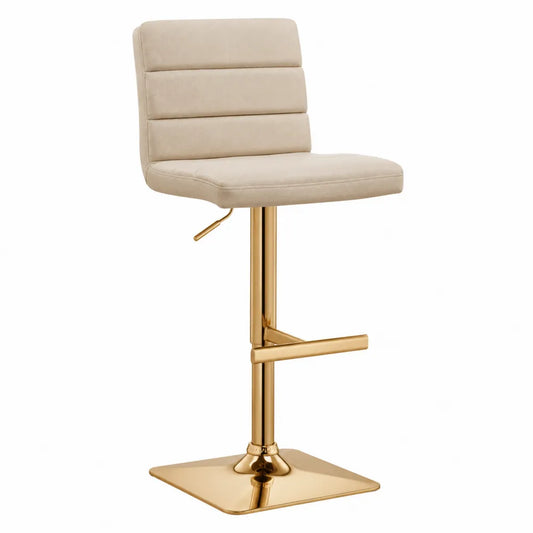 Sgabello da bar in tessuto beige con base in metallo oro