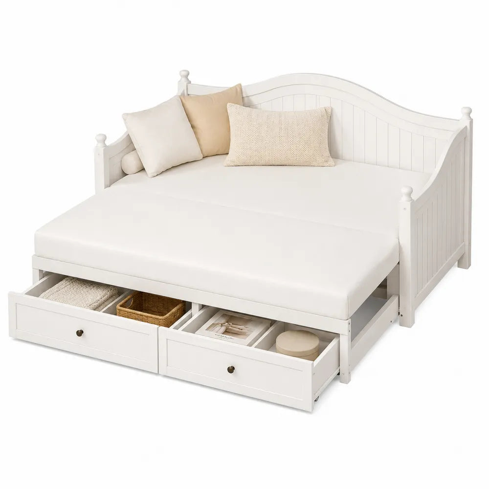 Letto Divano Estraibile con Cassetti in Legno di Pino Bianco