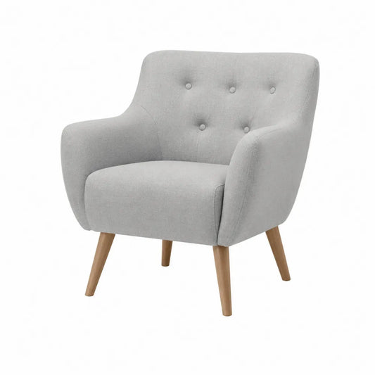 Poltrona in tessuto grigio con gambe in legno