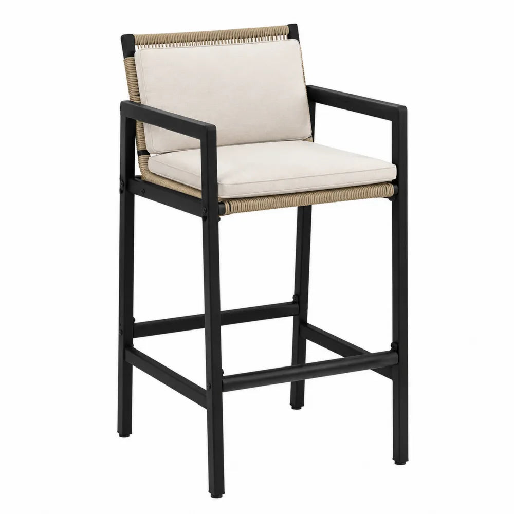 Sedia da esterno in metallo nero con cuscini in tessuto beige