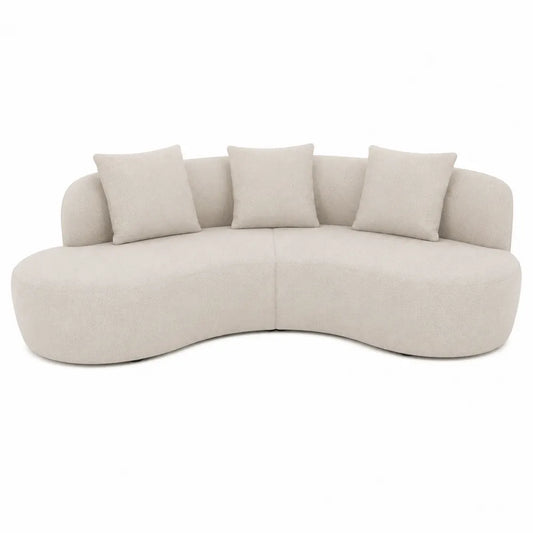 Divano Curvo in Bouclé Beige con Cuscini