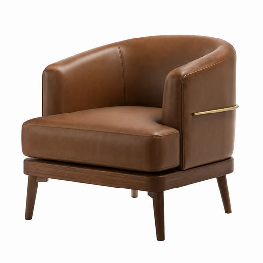 Poltrona in Pelle Marrone con Struttura in Legno e Dettagli in Ottone