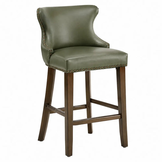 Sgabello da bar in pelle PU verde con struttura in legno
