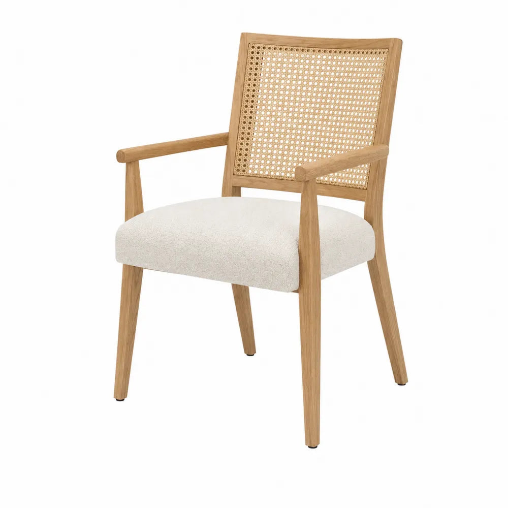 Sedia con braccioli in legno e rattan, seduta in poliestere beige