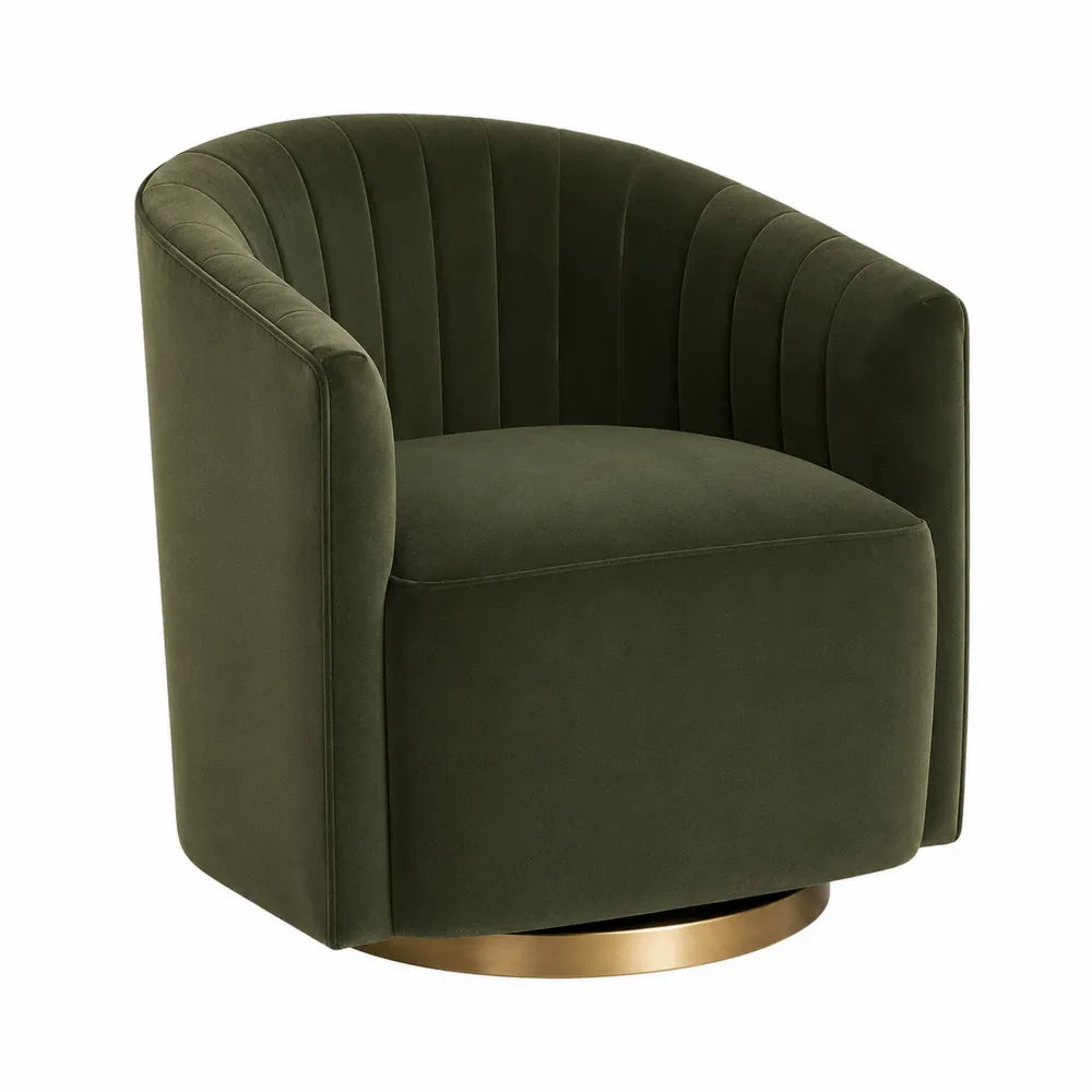 Poltrona in velluto verde oliva con base in metallo
