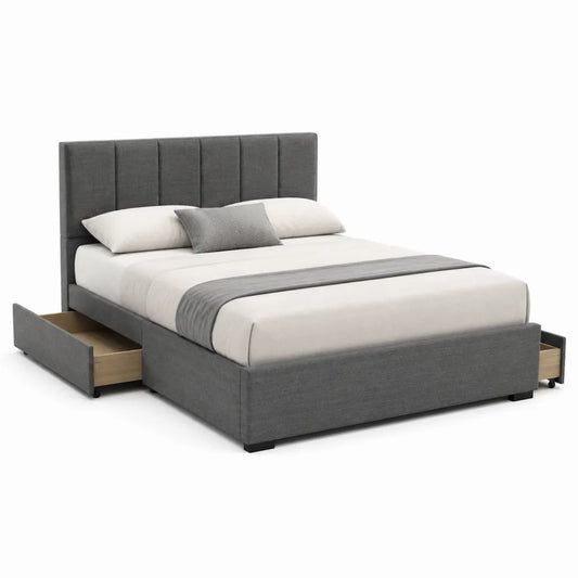 Letto matrimoniale con contenitore in legno e tessuto grigio